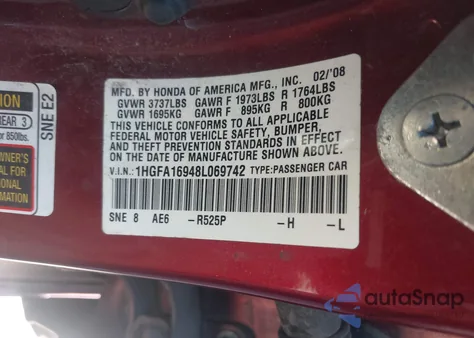 2008 Honda Civic from USA, damaged, VIN 1HGFA16948L069742